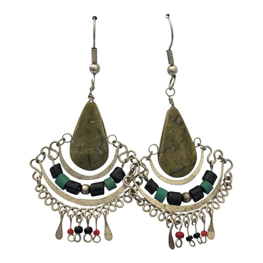 Artisan Silver Green Teardrop Stone Dangle Earrings Boho Beaded Chandelier